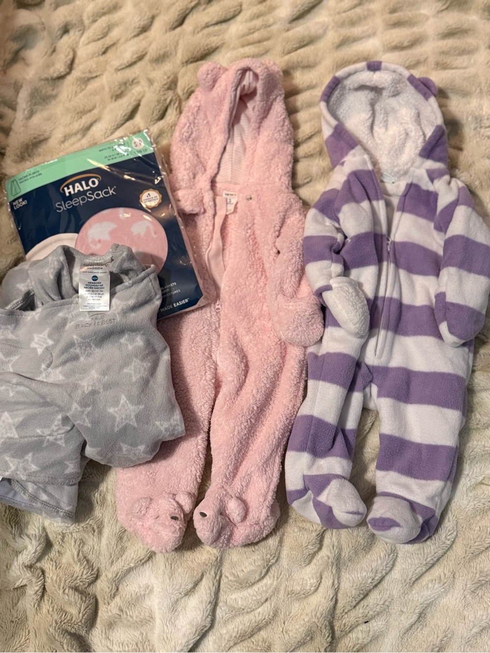 Halo Sleep Fleece Sacks and Two Cozy Fleece One-Piece with Hood
